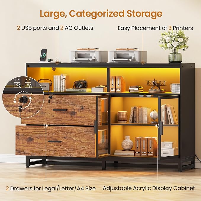 SEDETA 59" File Cabinet, 2 Drawers Filing Cabinets for Home Office fit Legal/Letter/A4 File, File Cabinet with Lock & Power Outlets, Printer Stand with Storage & LED Lights, Rustic Brown-DeskLoop Office