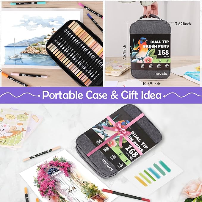 168 Colors Brush & Fine Dual Tip Watercolor Markers Set for Kids Adults Coloring Books No Bleeding Paint Pens For Drawing Note taking Planner Calligraphy Journaling Card Making Art Supplies-DeskLoop Office