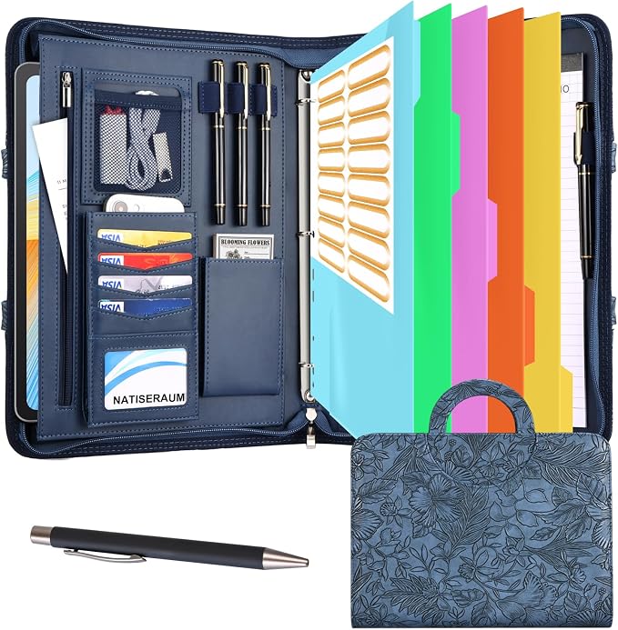 Padfolio Portfolio Binder with Handle, 3-Ring Folder Organizer, Vegan Leather by NATISERAUM