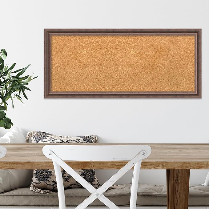 Amanti Art Natural Cork Board for Wall, 14x32 Vision Board with Brown Wood Frame, Medium Corkboard Office Decor for Home Organization, Country Rustic Corkboard Pinboard to Display Items for Home-DeskLoop Office