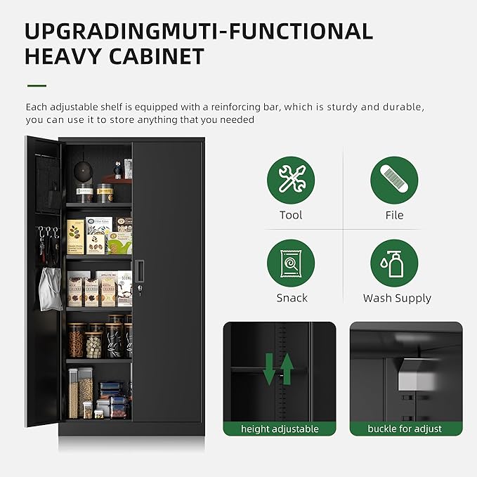 Greenvelly Storage Cabinet with Pegboard,72" Black Garage Steel Locking Cabinet with Doors and 4 Adjustable Shelves,Metal Garage Cabinet for Home Office,Pantry,School(36" Wx18 D)-DeskLoop Office