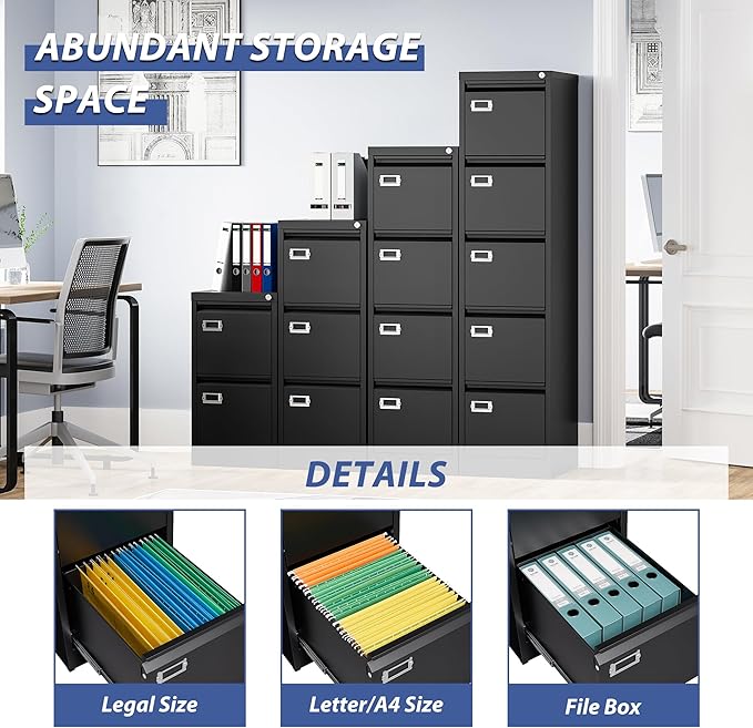 5 Drawer File Cabinet, Filing Cabinets for Home Office, Vertical File Cabinet with Lock, 61.6" H Locking File Cabinet for A4 Legal/Letter, Assembly Required (Black)-DeskLoop Office