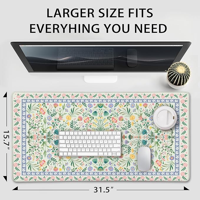 Green Floral Desk Mat, 31.5"x15.7" Large Mouse Pad, Anti-Slip Rubber Base - Image 7