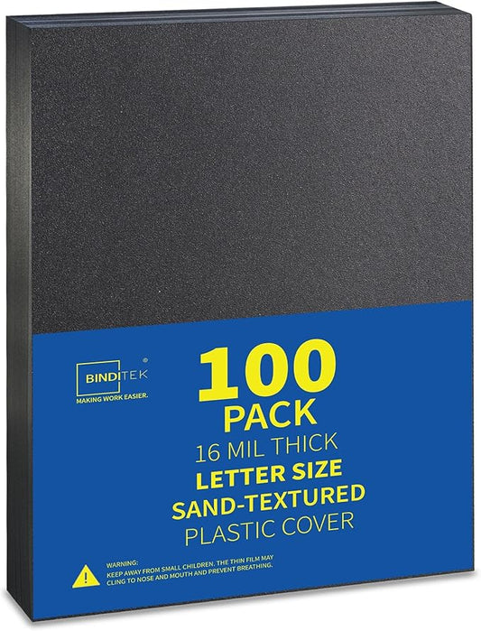 Binditek 100 Pack 16 Mil Sand-Textured Polycover - Plastic Binding Cover for Letter Size - Business Reports and Proposals - Lightly Textured Sand Finish - Square Corners, Un-Punched, Black