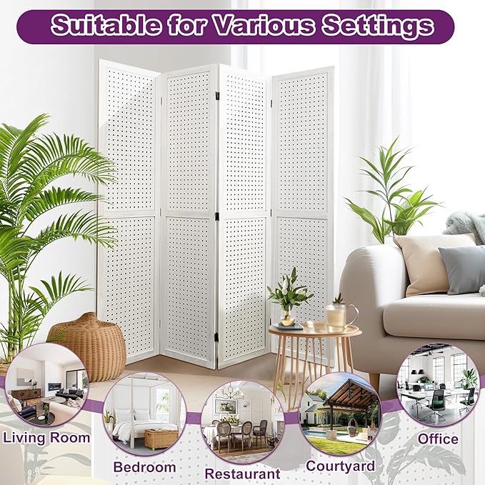 Room Divider, 5.6FT Folding Room Divider Panel, 4 Panel Pegboard Display Wood Partition Wall Divider for Room Separation& Craft Shows, White-DeskLoop Office