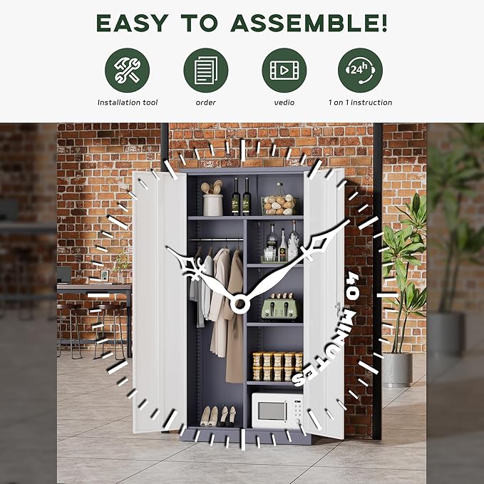 Greenvelly Metal Wardrobe Cabinet with Lock Door, 72" Metal Wardrobe Closet Cabinet with Hanging Rods and Adjustable Shelves, Steel Storage Locker Closet for Home, Office, Employee, Gym (White Grey)-DeskLoop Office