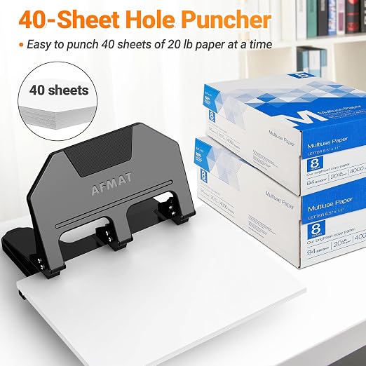AFMAT 3 Hole Punch Heavy Duty, 9/32" Hole Diameter, 40-Sheet 3 Hole Puncher - Image 2