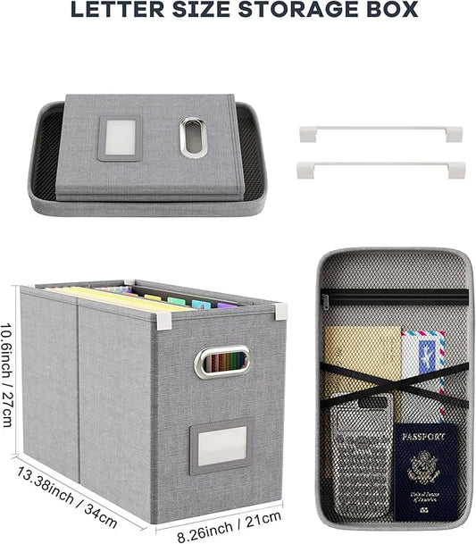 Oterri Hanging Filing File Box with Mesh Pocket, File Organizer Box with Lid, Collapsible Document Organizer Box for Letter Size, Easy Slide Durable Storage Box for Office/Decor/Home (2 PCS, Grey)-DeskLoop Office