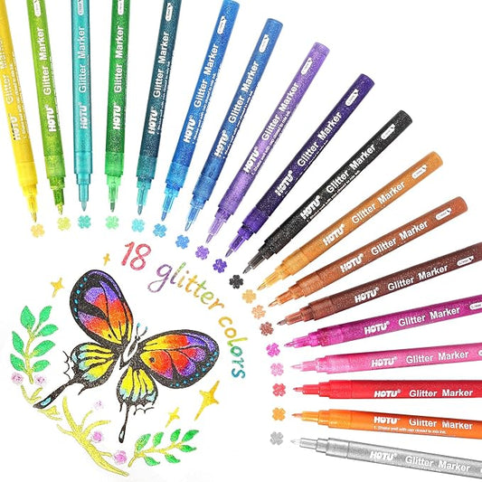 HOTU Glitter Markers Pens, 18 Colors Glitter Gel Pens 0.7mm Extral Fine Tip by HOTU