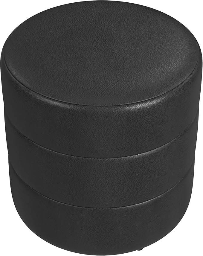 HomePop Upholstered Faux Leather Round Ottoman Home Décor|Foot Rest Ottoman- Black Faux Leather-DeskLoop Office
