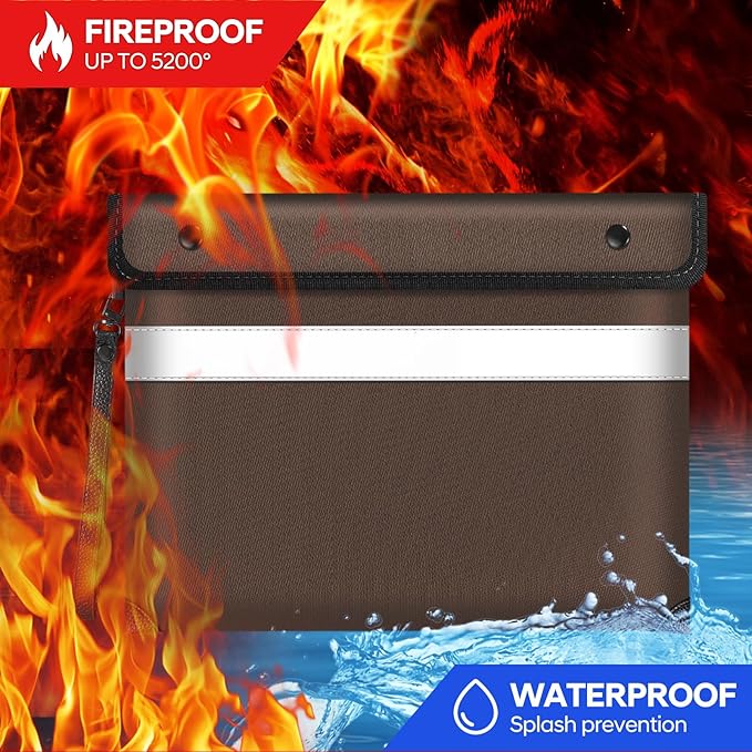 Fireproof Document Bag,5200℉ Insulated Fire Proof Money Bag for Cash,Waterproof Document Pouch with Water Resistant Zipper,8 Layers of Heat Insulated Materials,13.9x10.6 Inch(Brown)-DeskLoop Office
