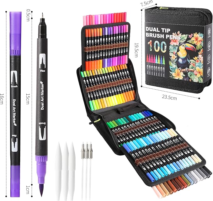 Double Brush Marker Pens, 100 Colors Art Markers Set with Fine Tip and Brush Tip for Kids Adult Coloring Book Hand Lettering Calligraphy Drawing Art Supplies Kit-DeskLoop Office