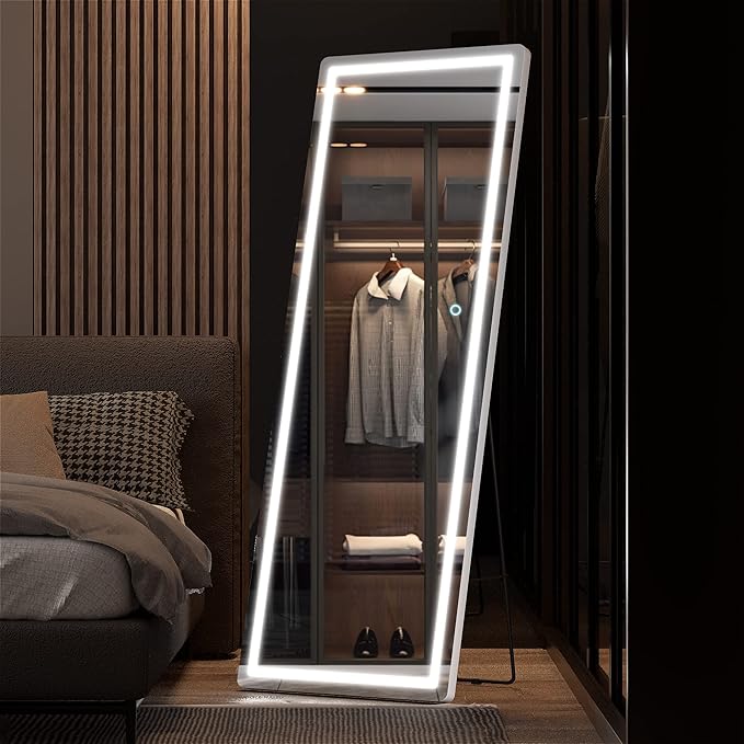 Hasipu Full Length Mirror with Lights, 61" x 22" LED Floor Mirror, Full Body Dressing Standing, Hanging Mounted Mirror for Living Room Bedroom Cloakroom, Round White-DeskLoop Office
