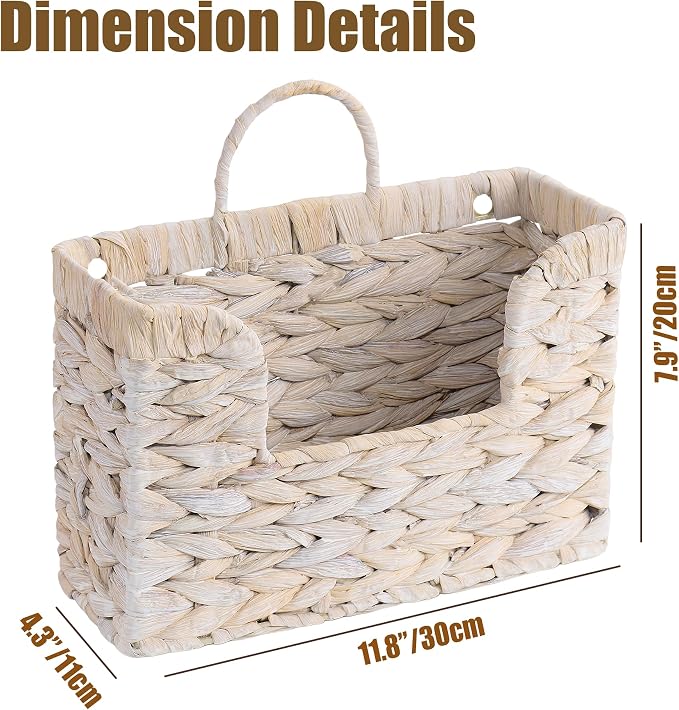PINXIURY Magazine Holder Wall Basket Water Hyacinth Woven Mail Organizer - Image 2