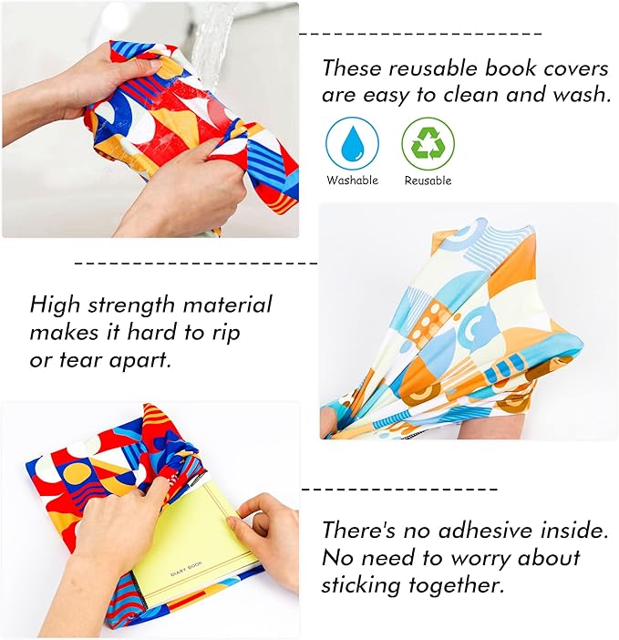 Geometric Pattern Book Covers, Feela 7 Pack Stretchable Jumbo Fabric Washable Durable Reusable Nylon Book Covers, for Hardcover Textbooks Notebooks up to 9”x11”-DeskLoop Office