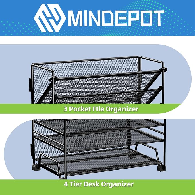 MINDEPOT 4-Tier Paper Organizer + 3-Pocket File Holder, Desktop File Organizers - Image 3