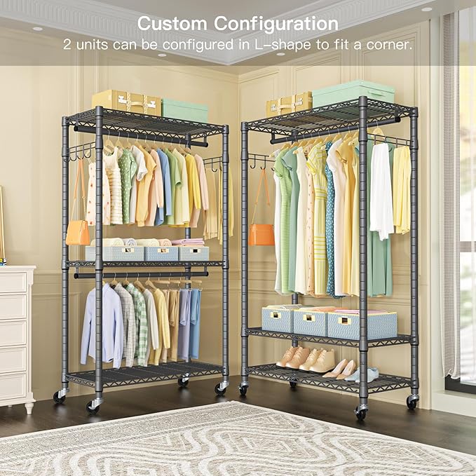 P1 Heavy Duty Garment Rack, 3 Tiers Adjustable Rolling Metal Closet Organizer with Lockable Wheels, FreeStanding Wardrobe with Double Hanger Rods & 1 Pair Hooks, Max Load 450 LBS, Gray-DeskLoop Office