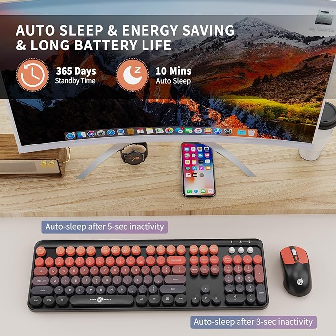 FOPETT Wireless Keyboard and Mouse Combo, 104 Keys Full-Sized 2.4 GHz Round Keycap Colorful Keyboards, USB Receiver Plug and Play, for Windows, Mac, PC, Laptop, Desktop (BlackOrange)-DeskLoop Office