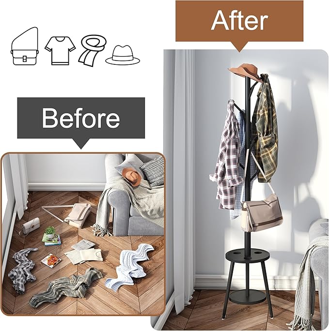 FILWH Freestanding Coat Rack with Umbrella Organizer Tray Bamboo Coat Tree Rack with 8 Hook Stand for Clothes Bag Hats Entryway Hanger Stand(Black)-DeskLoop Office