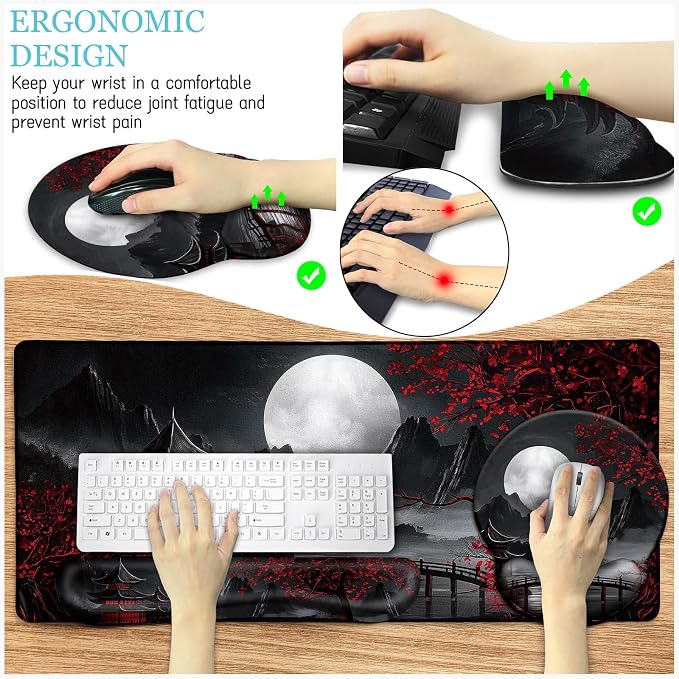 LIMKRIAN Japanese Mouse Pad Large Desk Mat Set, XXL Anime Full Moon Ergonomic - Image 3