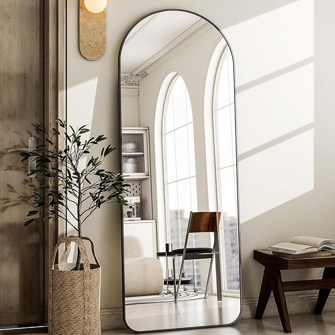 HARRITPURE Arched Full Length Mirror - 64" x 21" Large Floor Mirror Aluminum Frame Dressing Mirror with Stand for Bedroom/Living Room Wall Mounted, Black-DeskLoop Office