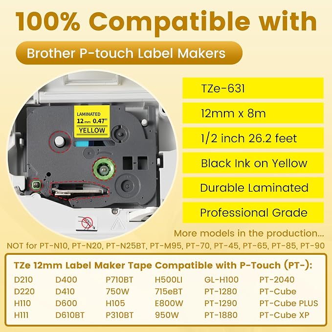 6X Replace for Brother Label Maker Tape 12mm 0.47 Yellow Laminated TZe-631 | - Image 2