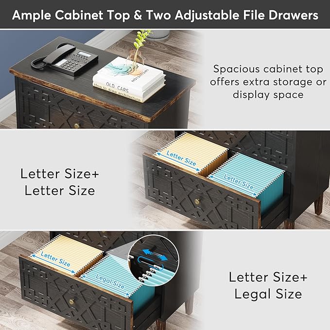 LITTLE TREE 2-Drawer File Cabinet, Lateral Filing Cabinet for A4/Letter/Legal Size, Office Storage Cabinet, Printer Stand with Storage Drawer for Home Office, Black-DeskLoop Office