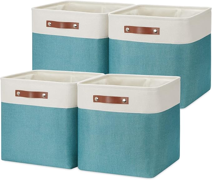 DULLEMELO Storage Bins for Organizing,Closet Storage Baskets for Gift Empty,Large Linen Canvas Storage Bins with Handles for Home Office Toys Shelves(White&Teal, 13 inch Cube)-DeskLoop Office