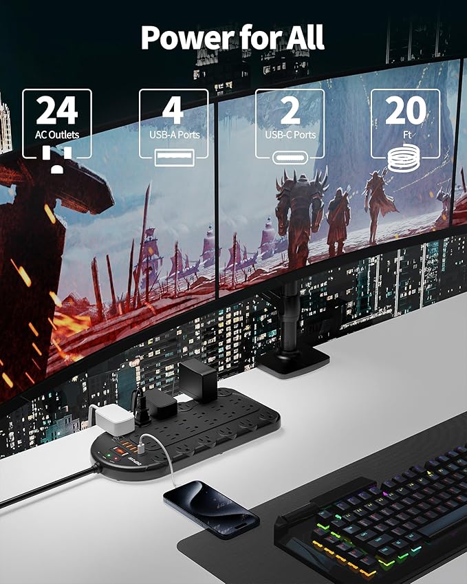 20 Ft Power Strip Surge Protector (3,400 Joules), DEPOW 24 AC Multiple Outlets (1875W/15A) with 6 USBs (2 USB-C Ports), ETL Listed, Flat Plug Heavy Duty Long Extension Cord for Home, Office, Black-DeskLoop Office