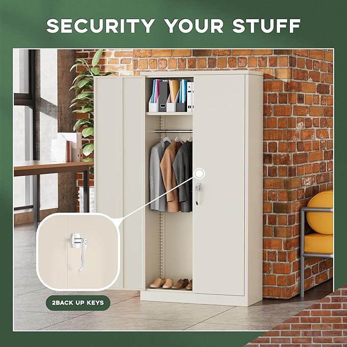 Greenvelly Metal Wardrobe Cabinet with Lock Door, 72" Metal Wardrobe Closet with Hanging Rods and Adjustable Shelves, Clothing Storage Closet Cabinet for Home, Office, Employee, Gym (Grey)-DeskLoop Office