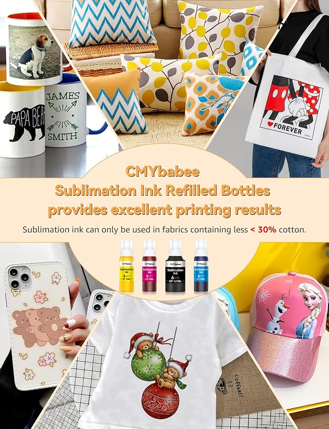 CMYBabee Sublimation Ink Refill Bottles Compatible for Epson Printers ET2800 ET15000 ET8550 ET2400 ET4800 ET2850 ET2803 ET3830 ET3850 ET4850 Heat Press Transfer on Mugs T-Shirts(4 Pack)-DeskLoop Office