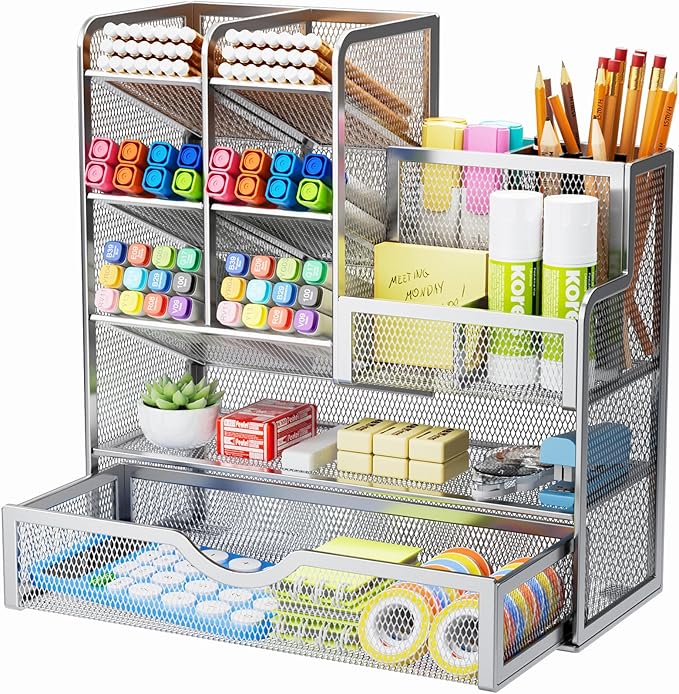 Marbrasse Mesh Pen Holder for Desk, Pen Organizer with Drawer, Multi-Functional Pencil Organizer, Desk Organizers and Accessories for Office Art Supplies (Silver)-DeskLoop Office