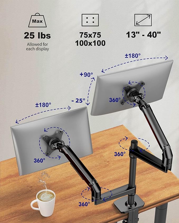 Dual Monitor Mount, Holds Screens up to 40 Inches and 25 lbs, Fully Adjustable Dual Monitor Arm with C-Clamp and Grommet Base, Aluminum, Black-DeskLoop Office