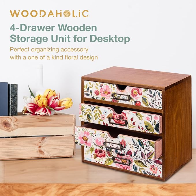 4-Drawer Vintage Desk Wood Storage Box - Image 5