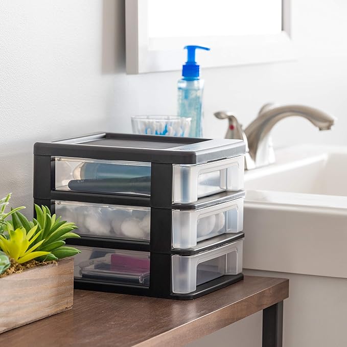 IRIS USA Plastic Stacking Desk Top 3-Drawer Storage Organizer, 4-Pack, for Makeup Vanity Nail Polish Bathroom Stationery Art Craft Supplies Kitchen Office Garage and Small Organization, Small, Black-DeskLoop Office