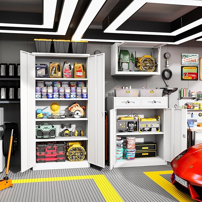 Greenvelly Metal Storage Cabinet, 42' White Steel Garage Cabinet with 2 Doors, Adjustable Shelves, Locking for Office, School or Tool Organization-DeskLoop Office