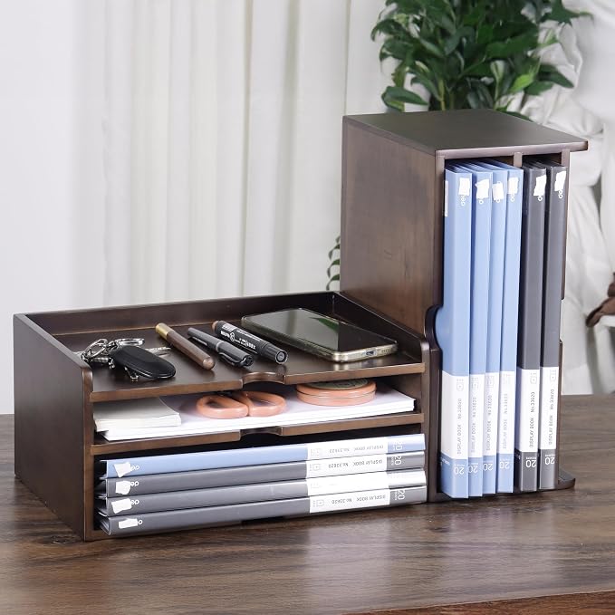 Wooden Desk Organizer with Dark Wood Finish, Stackable Paper Tray & File Holder - Image 7