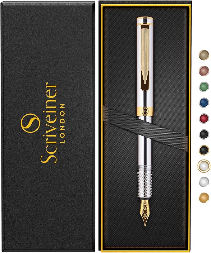 Scriveiner Luxury EDC Fountain Pen, Stunning Silver Chrome Luxury Pen, Real - Image 9