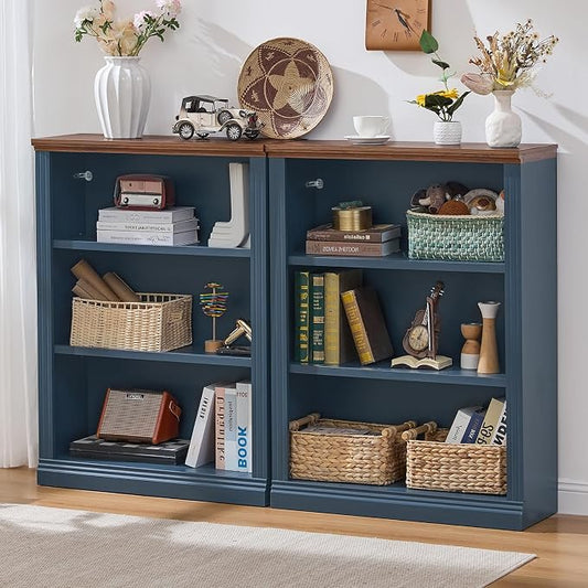 RWYHG 43" Blue Tall Bookshelf Set of 2, 3-Tier Thick Wooden Book Shelf by RWYHG