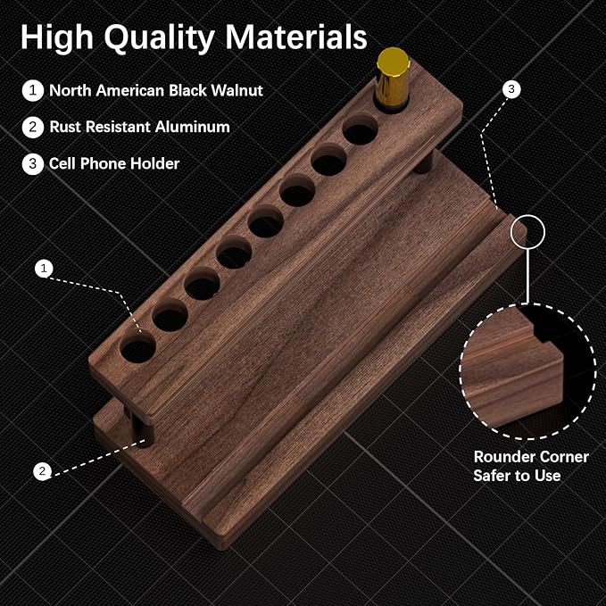 Pencil & Pen Holder for Desk, Solid Walnut Pen Display Stand with 9 Slots and Cell Phone Holder, Aesthetic Pen Organizer for Minimalist Office Desk Decor-DeskLoop Office