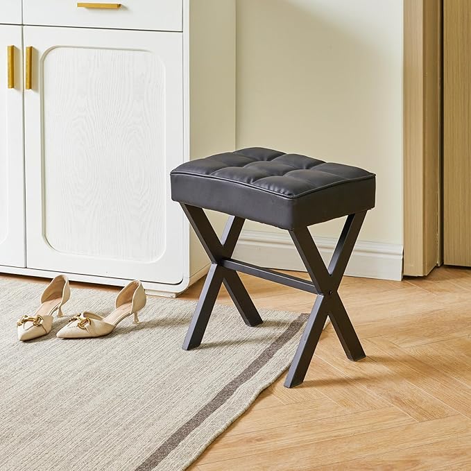 IBUYKE Square Makeup Stool with X-Leg Foot Rest, PU Footrest, Ottoman Seat Vanity Stool, Multi-Use as Small Side Table, for Bedroom, Living Room, Black LG-71B-DeskLoop Office