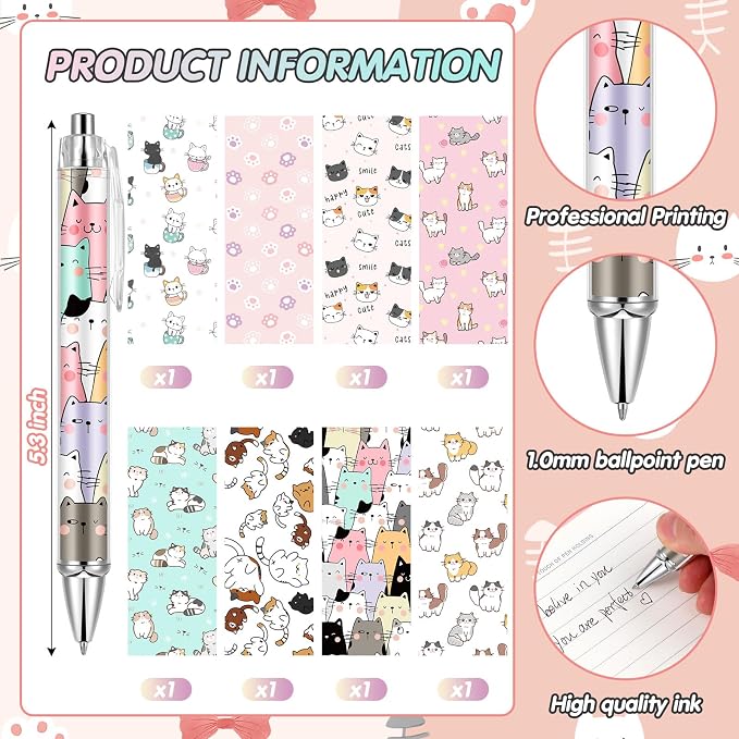 Ireer 8 Pcs Ballpoint Pens for Women 1.00 mm Cute Black Ink Fancy Pens Fine - Image 2