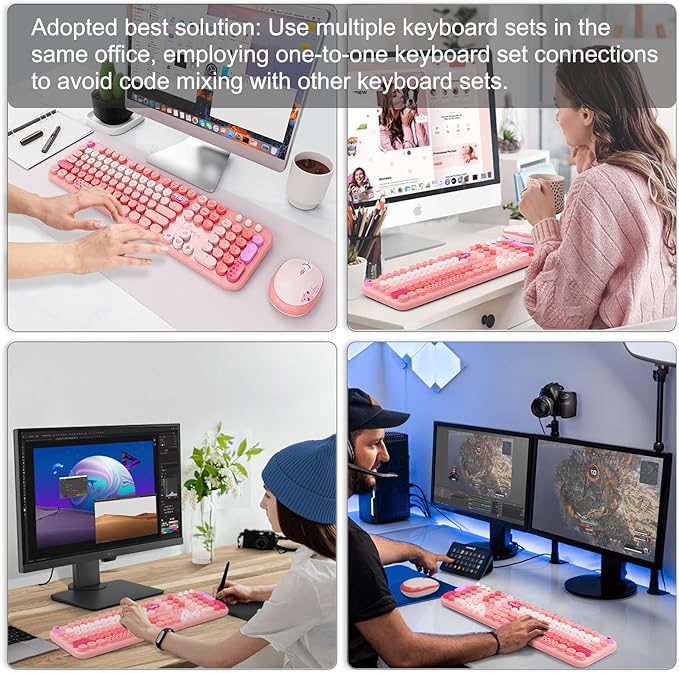 FOPETT Wireless Keyboard and Mouse Combo - 2.4G Full-Sized Cute Colorful Retro Keyboard with Round Keycaps 104 Keys Typewriter Keyboard for Laptop/Windows/PC-Pink Colorful-DeskLoop Office