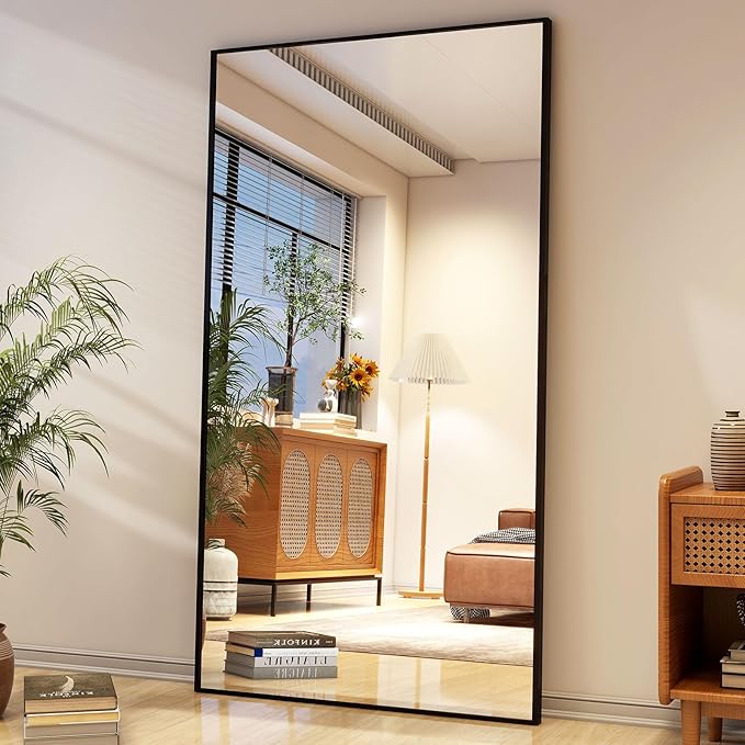 34"x76" Full Length Mirror with Stand, Large Rectangular Floor Mirror for Bedroom, Living Room or Closet, Wall-Mounted or Freestanding, Black Aluminum Alloy Frame-DeskLoop Office