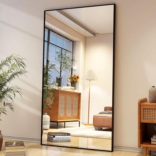 34"x76" Full Length Mirror with Stand, Large Rectangular Floor Mirror for Bedroom, Living Room or Closet, Wall-Mounted or Freestanding, Black Aluminum Alloy Frame-DeskLoop Office