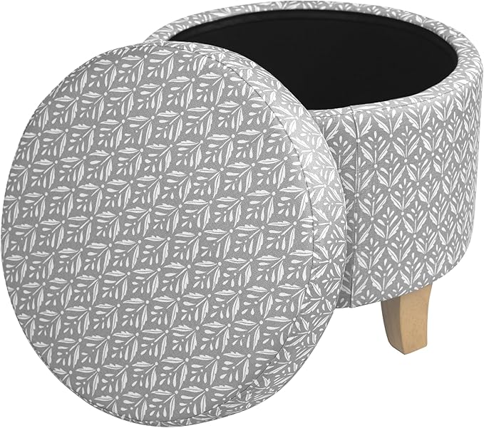 HomePop Upholstered Round Storage Ottoman|Homepop Home Décor|Upholstered Round Foot Rest Ottoman - Light Grey Print-DeskLoop Office