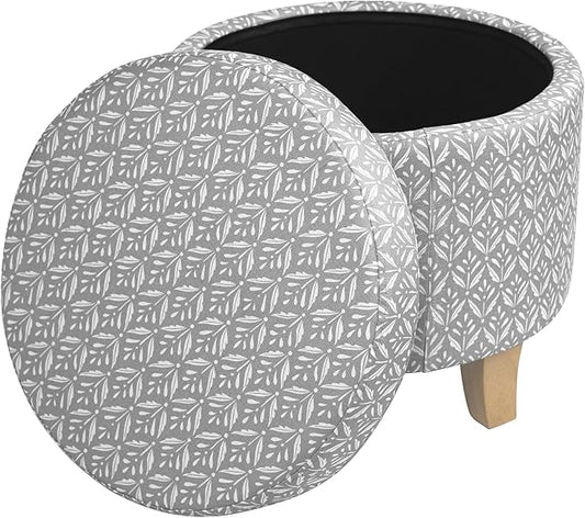 HomePop Upholstered Round Storage Ottoman|Homepop Home Décor|Upholstered Round Foot Rest Ottoman - Light Grey Print-DeskLoop Office