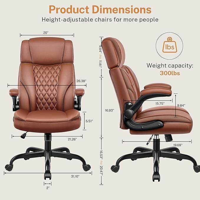 Office Chair Flip Up Arms, Executive Leather Office Chair Ergonomic Desk Chair with Lumbar Support, Adjustable Headrest, Computer Chair Home Office Desk Chair with Rocking Function-DeskLoop Office