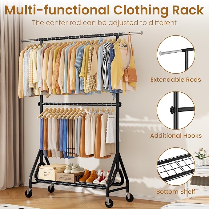 Heavy Duty Clothes Rack for Hanging Clothes, Double Rods Clothing Rack with Lockable Wheels, Rolling Garment Racks with Shelf, Easy to Assemble, Black-DeskLoop Office