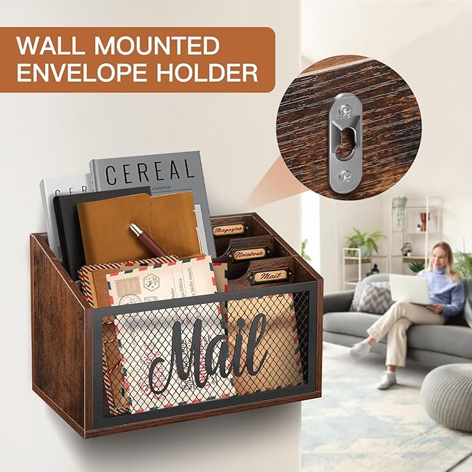 Mail Organizer Letter Holder Countertop, Mail Sorter Mail Basket Wall Mounted - Image 3